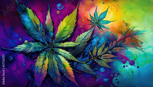 Beautiful Designer 420 Cannabis Seasonal Background with Alcohol ink painting Vibrant color Modern Wallpaper Template with Vibrant Hues for Presentation, Ad, and All Applications (generative AI)