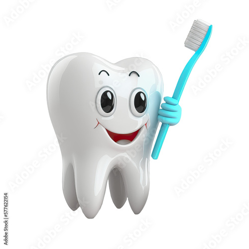 einzelner Zahn mit freundlichen Gesicht hält eine Zahnbürste fest, ausgeschnitten, frei gestellt, single tooth with friendly face holds a toothbrush, cut out, exposed,