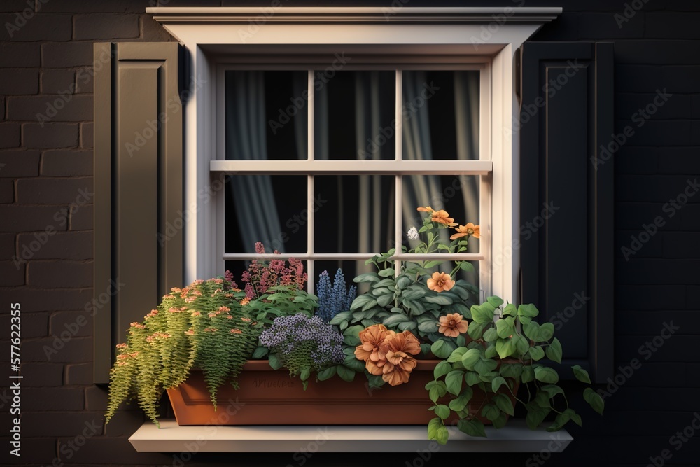 Vintage type window box with beautiful flowers. Created with Generative AI