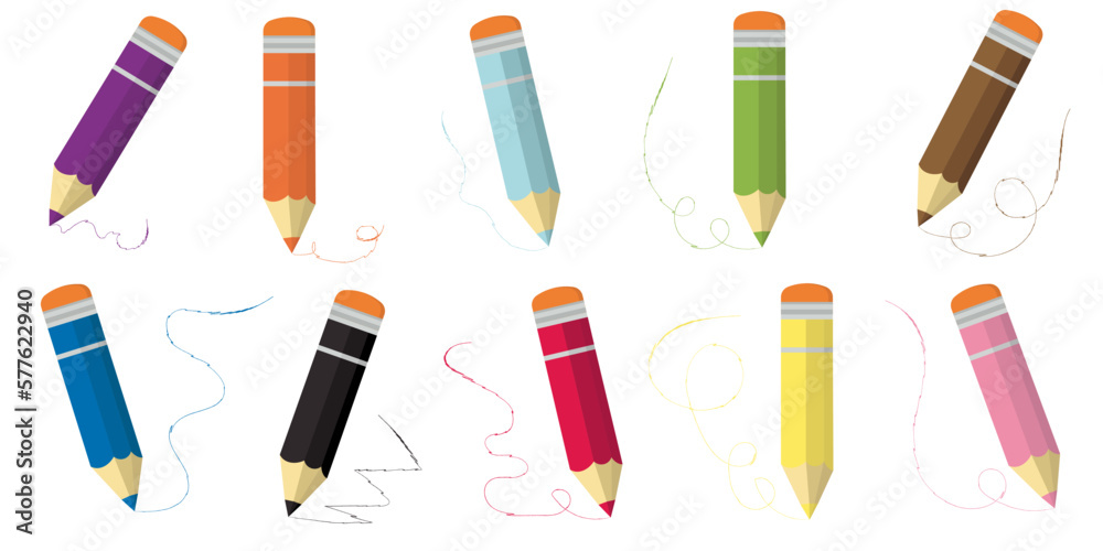 Color pencils, a set of 10 pieces with elastic bands and drawn lines. Vector cartoon illustration