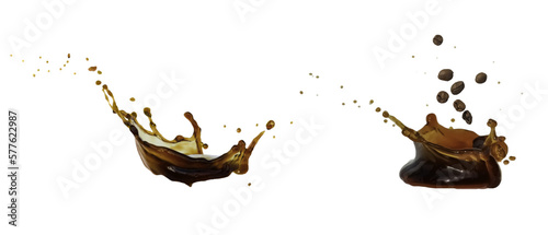 flying splashes of coffee. fresh drink. coffee spilling out of a mug isolated on white background