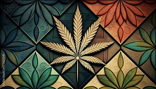 Beautiful Designer 420 Cannabis Seasonal Background with Mosaic patterns Calm color Modern Wallpaper Template with Vibrant Hues for Presentation, Ad, and All Applications (generative AI)