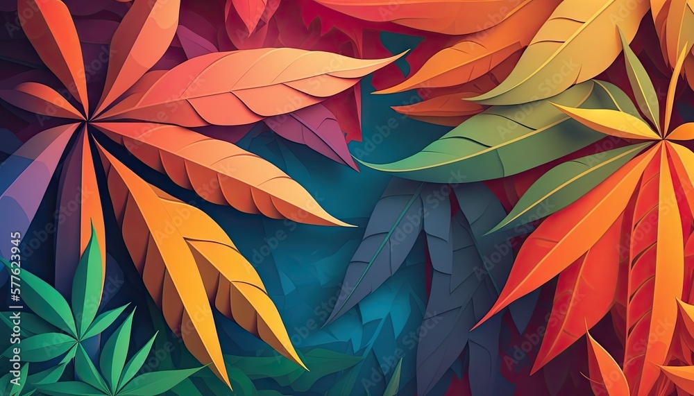 Beautiful Designer 420 Cannabis Seasonal Background with Overlapping shapes Bright color Modern Wallpaper Template with Vibrant Hues for Presentation, Ad, and All Applications (generative AI)