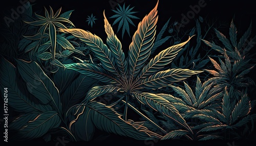 Beautiful Designer 420 Cannabis Seasonal Background with Simple illustrations Dark color Modern Wallpaper Template with Vibrant Hues for Presentation  Ad  and All Applications  generative AI 
