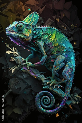 Cool, Epic, Artistic, Beautiful, and Unique Illustration of Chameleon Animal Cinematic Adventure: Abstract 3D Background with Majestic Wildlife and Futuristic Design (generative AI) © Get Stock