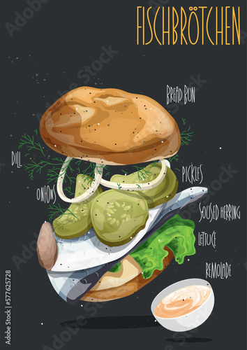 Traditional German sandwich Fischbrotchen made with crunchy baguette bread stuffed with marinated herring fish fillet with onion and lettuce. Vector illustration