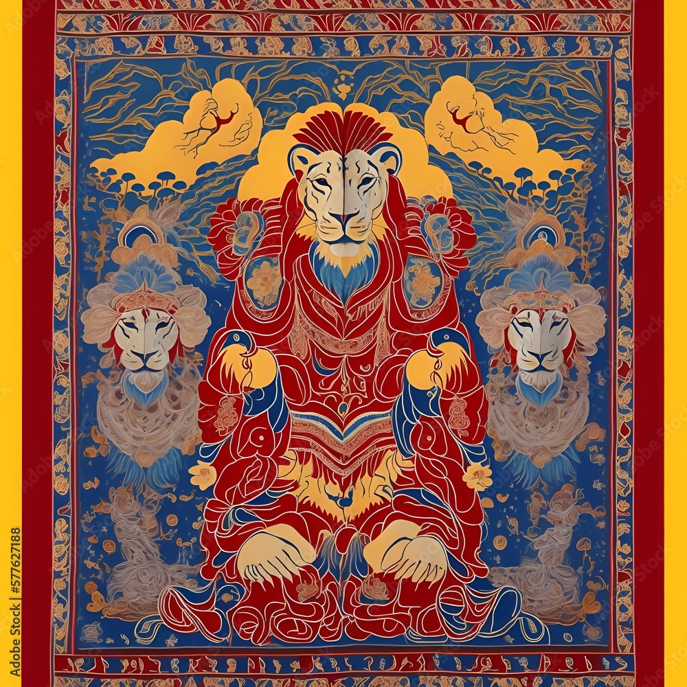  A Tibetan door curtain featuring a stylized snow lion. The door curtain is made of richly patterned fabrics and intricate embroidery of vivid colours. AI generative image. 