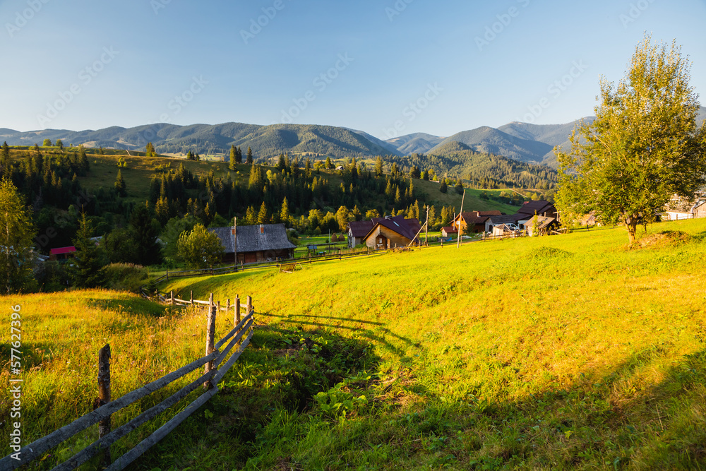 Green rolling countryside in the morning light. Carpathian mountains, Ukraine.