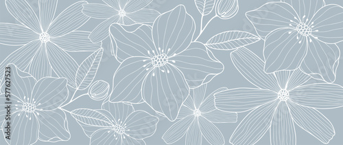 Vector floral pale blue illustration with flowers, daisies, branches, leaves and buds for decor, covers, backgrounds, wallpapers
