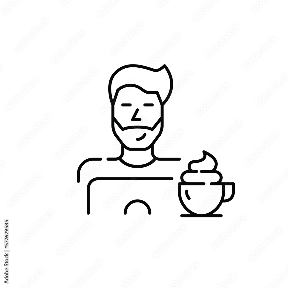 Guy having coffee with whipped cream on top while studying at his laptop. Pixel perfect, editable stroke line icon Guy having coffee with whipped cream on top while studying at his laptop. Pixel perfect, editable stroke line icon