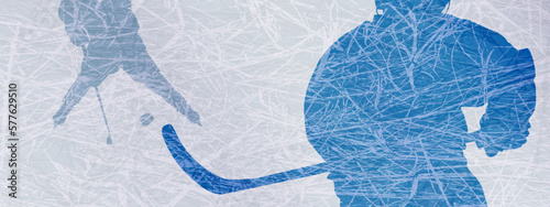 Silhouettes of children hockey players with stick and puck in the game. Sports illustration with space for text, promotions, promotions, etc.