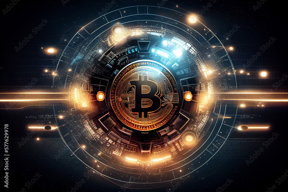 Bitcoin blockchain crypto currency digital money exchange Technology symbol Generative AI - obrazy, fototapety, plakaty 
