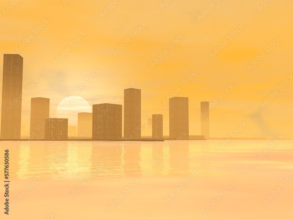 幻想的な都市と日没