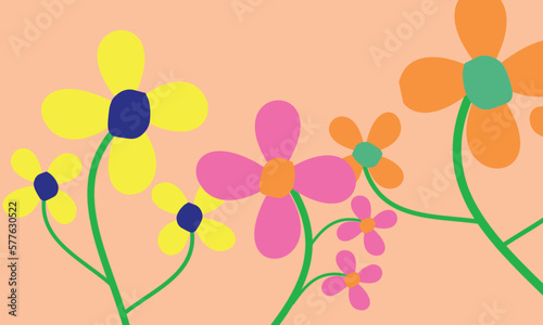 Cute colorful flowers on lite pink background. Cartoon style vector illustration of flowers.