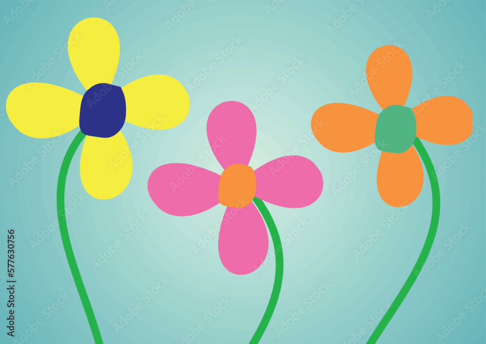 Multicolored flowers on bright blue background. Vector illustration in flat design style.