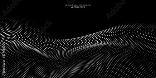 Flowing dot particles wave pattern 3D curve halftone black and white gradient light isolated on black background. Vector in concept of AI technology, science, music.