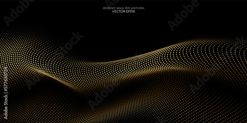Flowing dot particles wave pattern 3D curve gold gradient light isolated on black background. Vector in concept of luxury, technology, science, music.