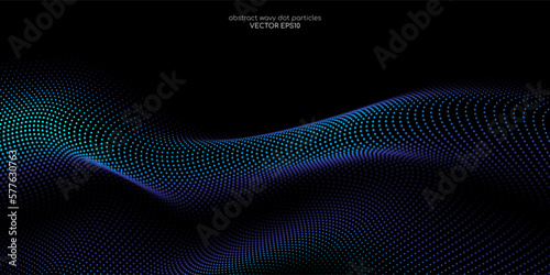 Flowing dot particles wave pattern 3D curve blue and green gradient light isolated on black background. Vector in concept of AI technology  science  music.