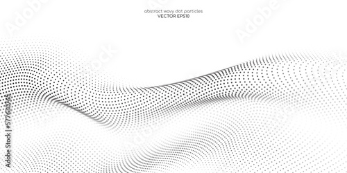 Flowing dots particles wave pattern halftone black gradient curve shape isolated on white background. Vector in concept of technology, science, music, modern.