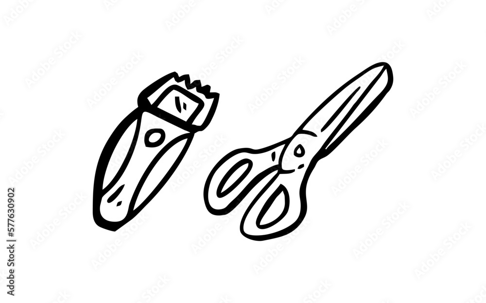 SHAVER AND SCISSORS Doodle art illustration with black and white style. SHAVER AND SCISSORS Doodle art illustration with black and white style.