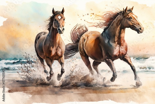 Two horses are running on a beach