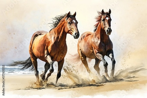 Two horses are running on a beach © Asche