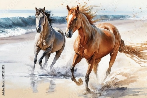 Two horses are running on a beach