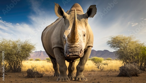 Photographie The White Rhinoceros is gazing directly at the camera while in captivity in an African zoo AI