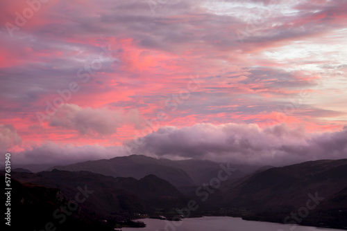 Absolutely wonderful landscape image of view across Derwentwater from Latrigg Fell in lake District during Winter beautiful colorful sunset photo