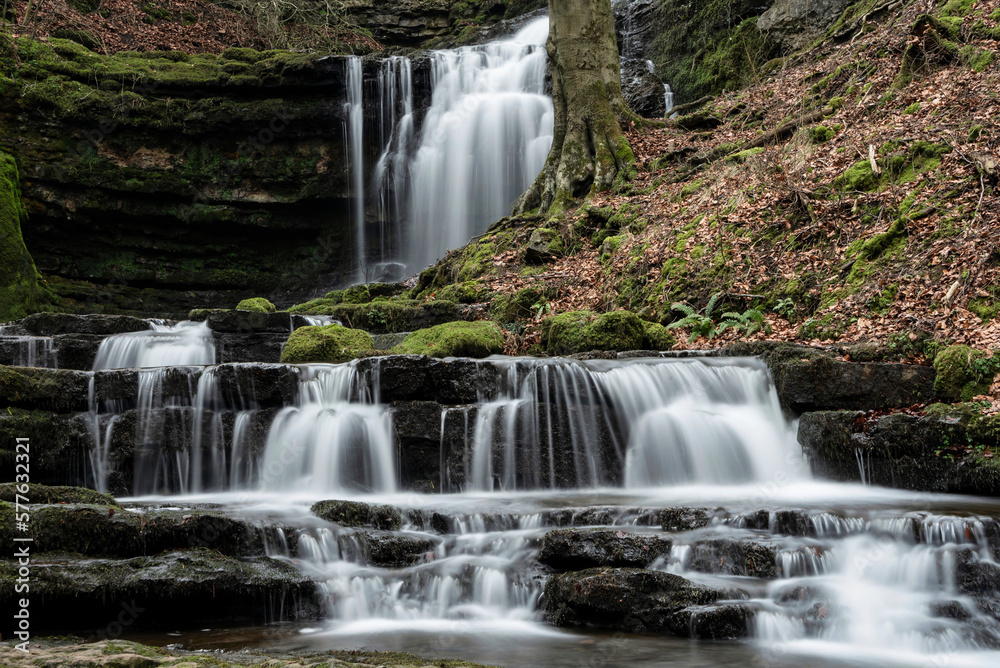 Fototapeta premium Beautiful calm landscape image of Scaleber Force waterfall in Yorkshire Dales in England during Winter morning