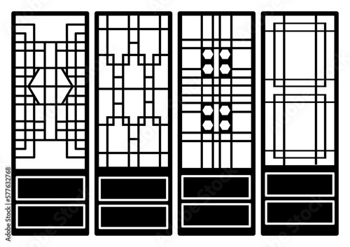 Traditional korean ornament frame pattern. Set of silhouette door and window antique decoration art vector illustration.