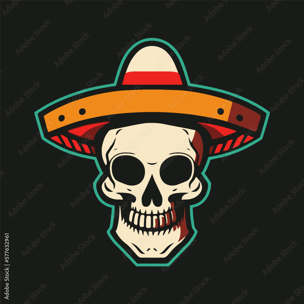 Mexican skull with sombrero hat. Vector illustration on black background.