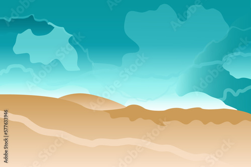 Background, landscape Summer seashore, beach, golden, beige sand and turquoise sea, clear water and small waves, tropical nature, beautiful sea water. Sea vector illustration, image, graphic design.