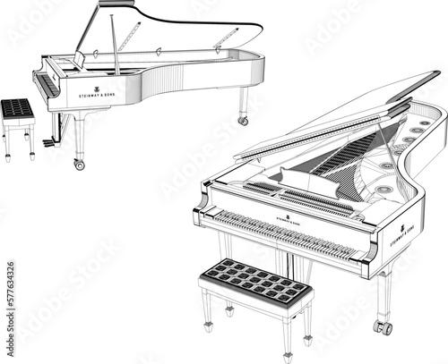 Vector sketch illustration of a grand piano musical instrument