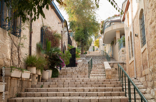 Fototapeta Naklejka Na Ścianę i Meble -  Jerusalem historic neighborhood Yemin Moshe big stone staircase