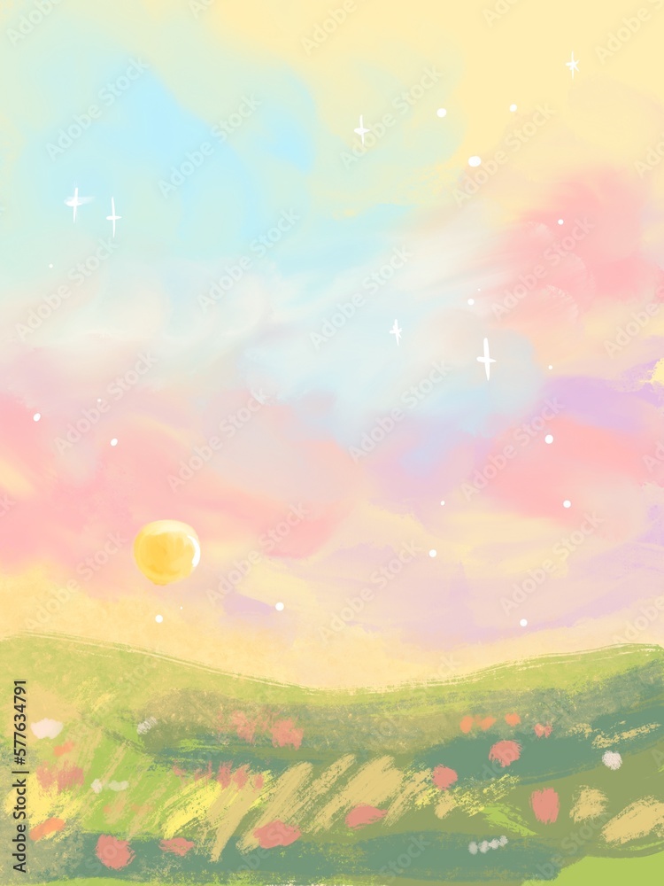 Obraz premium Hand Drawn Sunset Landscape Illustration