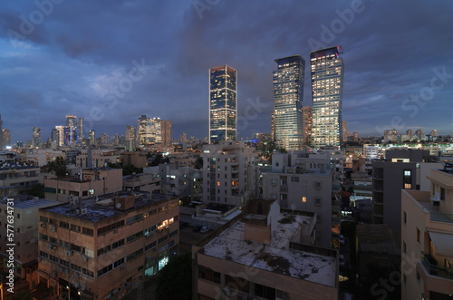 Tel Aviv evening cloudy panorama: modern skyscrapers and dormitory area