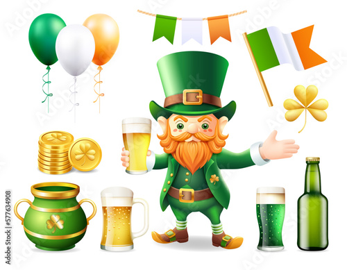 St patrick's day leprechaun icon set illustrations