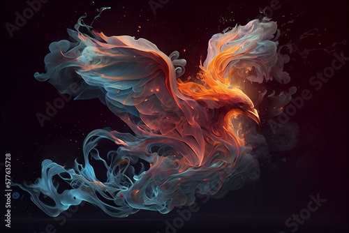Fiery phoenix on black background. Generative ai