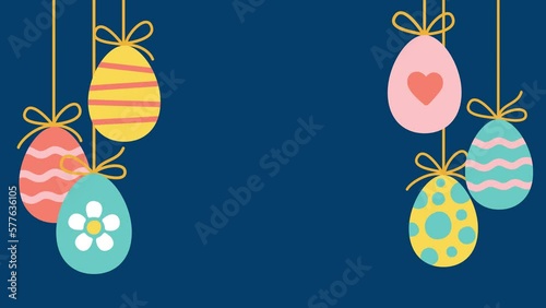 Easter eggs in a doodle style fall on top and hanging on a rope. 4K animation on a blue background for text massage