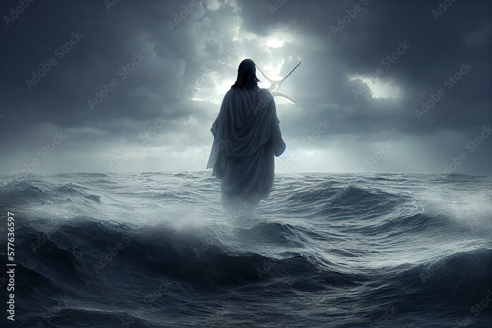 Miracle of Jesus Walking on Water Across the sea towards a boat During