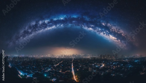 Majestic city skyline embraced by captivating Milky Way