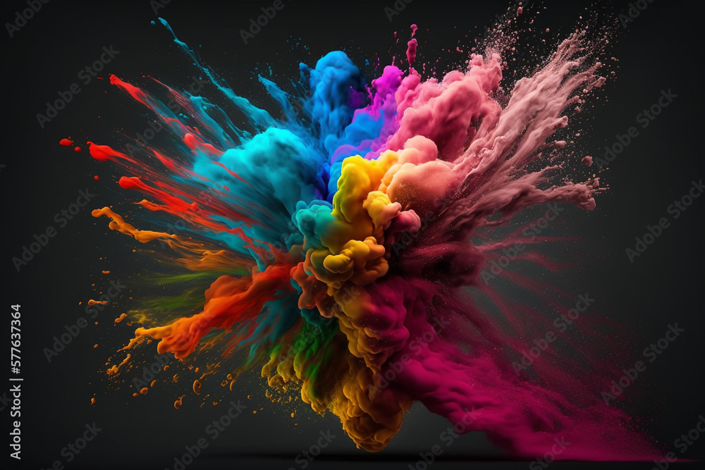 Obraz premium This colorful design features a rainbow wave and multicolor paint splash isolated on white, serving as a striking and versatile isolated design element on a black background. Generative Ai