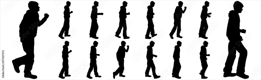 Big set of boy silhouettes standing, walking, isolated on white. Boys in different poses and with different gestures. Boy silhouette, side view. Teenagers go one by one. To animate the steps of a teen Big set of boy silhouettes standing, walking, isolated on white. Boys in different poses and with different gestures. Boy silhouette, side view. Teenagers go one by one. To animate the steps of a teen