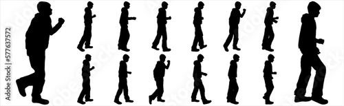 Big set of boy silhouettes standing, walking, isolated on white. Boys in different poses and with different gestures. Boy silhouette, side view. Teenagers go one by one. To animate the steps of a teen