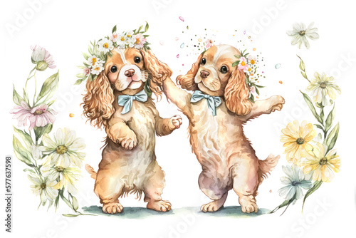 Two happy cocker spaniel puppies in flower crowns dancing in spring. Digital watercolor cartoon over generative ai.