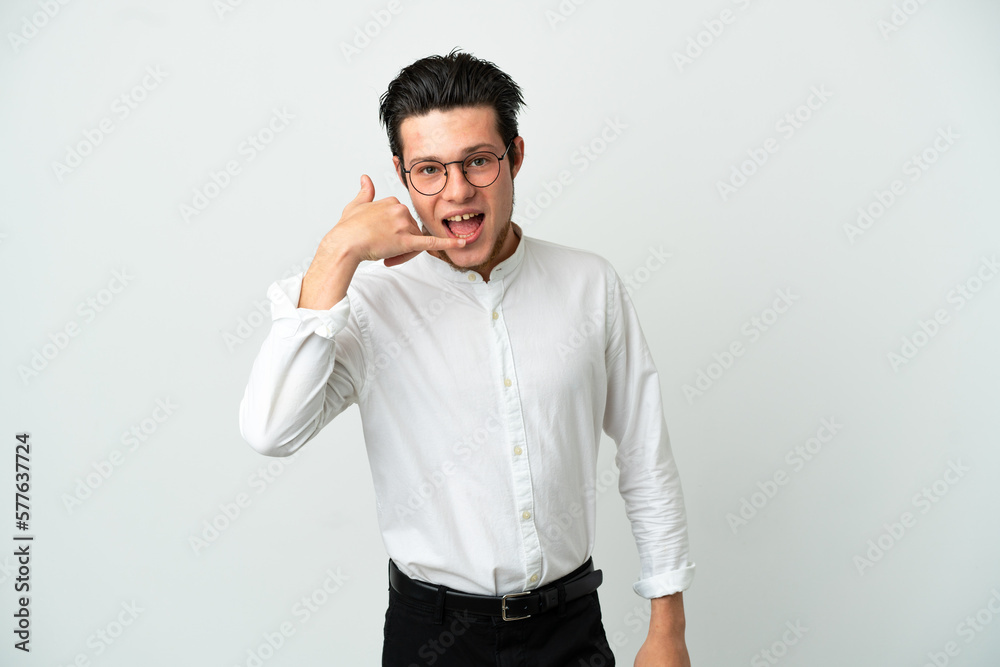 Russian Business man isolated on white background making phone gesture. Call me back sign