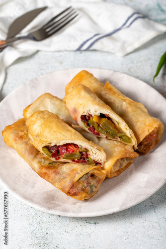 Paçanga pastry on gray background. Ramadan dishes. Snack delicious pastry. Close up photo