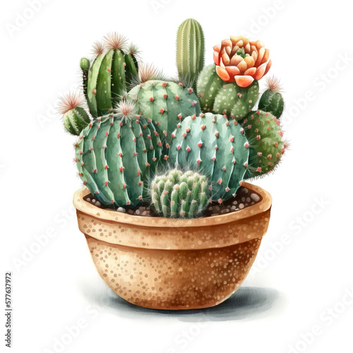 Flowering cactus in a pot. Watercolor illustration on white. Watercolor cactus plant and succulent plant in pot. Generative AI