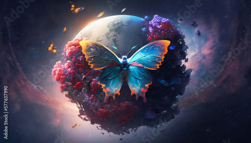 A butterfly standing on a planet surrounded by flowers. Peace, tranquility, serenity and nature recovering concept. Created with Generative AI technology. © Adrian Grosu